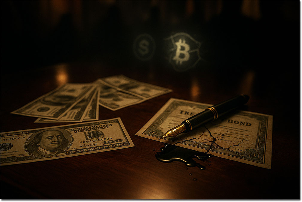 Close-up of dollar bills, cracked Treasury bond, and leaking fountain pen with faint Bitcoin and stablecoin reflections, symbolizing hidden financial agendas.